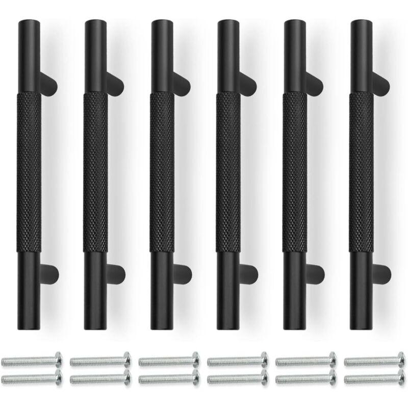 Set Aus 6 Schwarzen Schubladengriffen Mit Einem Durchmesser Von 150 Mm Und Einem Lochabstand Von 96 Mm.
