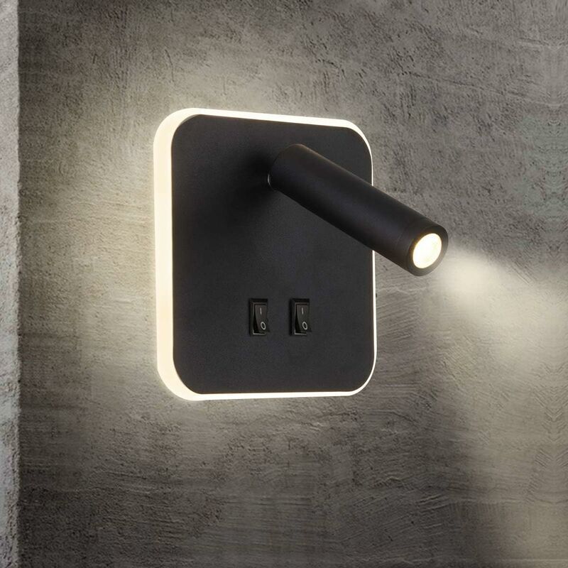 Led-nachttischlampe, Innen-wandleuchte Für Hotels, Nachttisch-wandleuchte, Flur-wandleuchte Mit Schwarzem Schalter 3w + 10w (quadratisch) [energieeffizienzklasse A+]