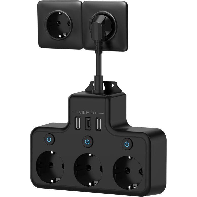 Mehrfachsteckdose Mit Individuellem Schalter, Mehrfachsteckdose Mit Usb-c, 3 Steckdosen Und 3 Usb-ladeanschlüssen, Wandmontierte Mehrfachsteckdose Mit Kurzem 0,1-m-kabel Für Küche Und Büro, Schwarz