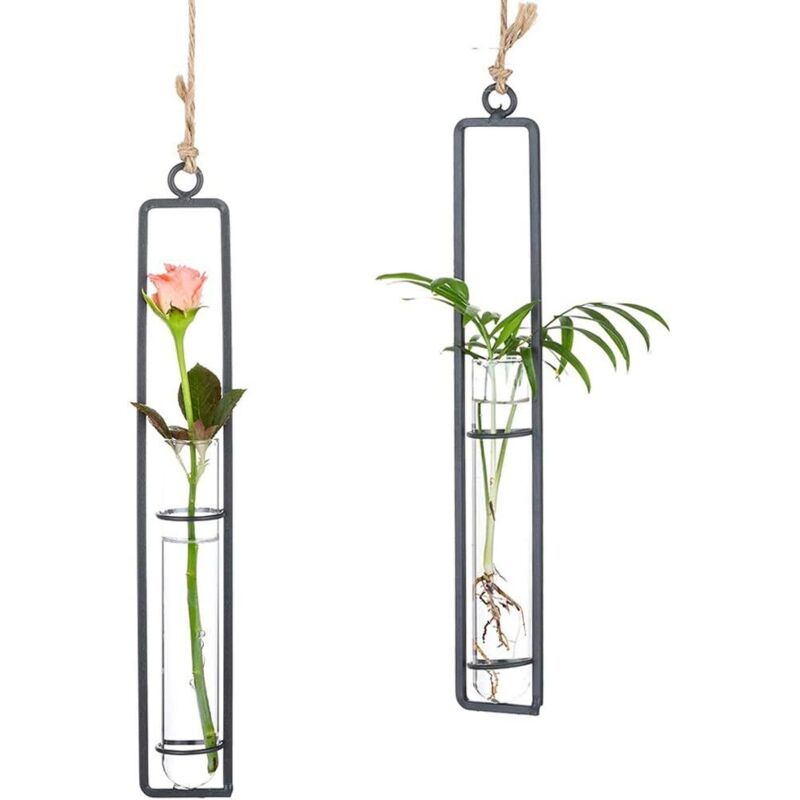2-teiliges Kreatives Vase Aus Glas Und Schmiedeeisen, Hydroponisches Gefäß, Glasrohr, Blumenarrangement, Hängender Korb, Dekoration Für Zimmerpflanzen Im Wohnzimmer Und Garten, Schwarz