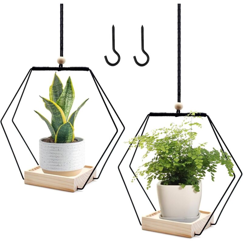2 Stück Hängepflanzen Für Innenräume, Hängender Pflanzentopf, Metallring Mit Holzbasis, Inklusive Haken Für Innenbereich, Balkon Und Garten