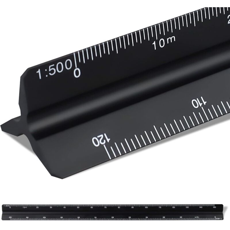 Maßstablineal 30 Cm, Dreikantiges Metalllineal Für Architekten 1:100, 1:200, 1:250, 1:300, 1:400, 1:500 (schwarz)