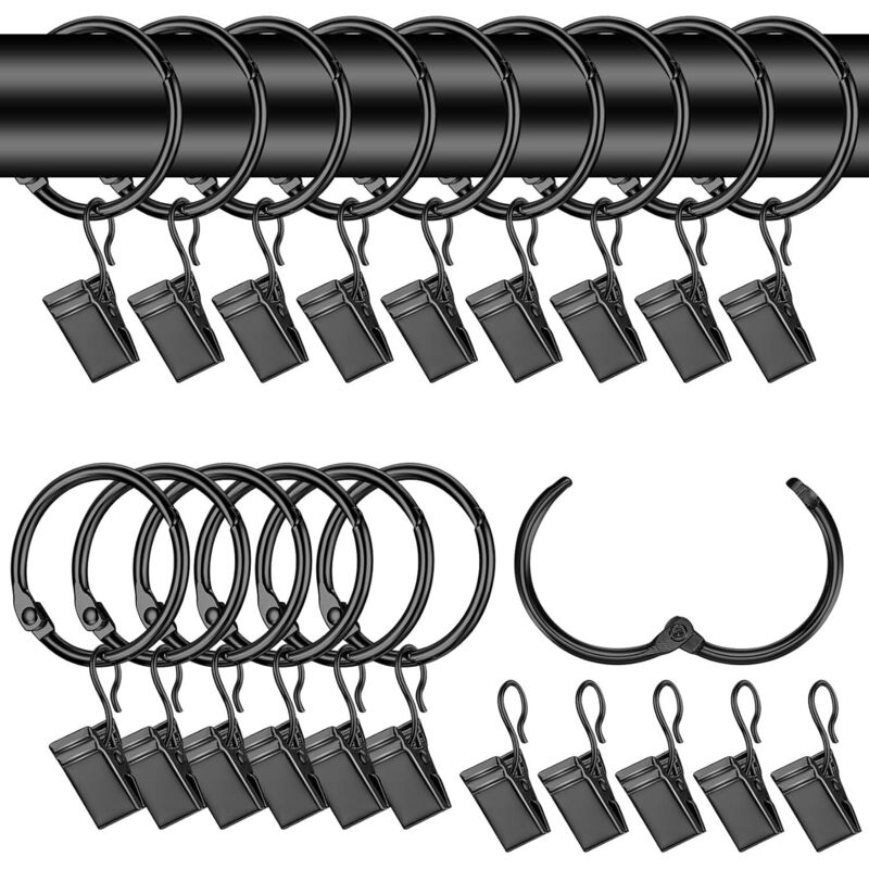 (noir) 42 Stück Gardinenringe 32mm Mit Klemmen - Metall-clips Für Duschstangen Zum Gleiten