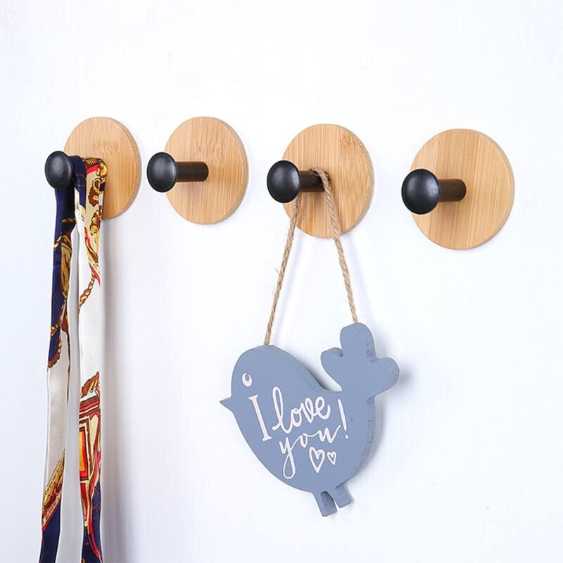 4er-set Selbstklebende Haken (schwarz), Bambushaken, Nahtlose Wiederverwendbare Haken, Starke Klebehaken, Haken Für Schlafzimmer, Küche, Badezimmer.