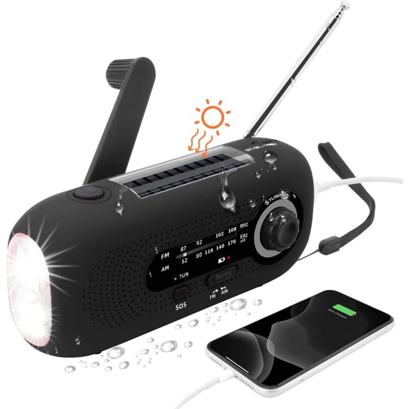 Tragbares Solar-radio, Dynamo-radio, Solar-radio Mit Sos-alarm Für Notfälle, Kleines Radio, Wasserdichtes Ipx3-radio, Kurbelradio Am/fm, Taschenlampe 2000mah Batterie (schwarz)