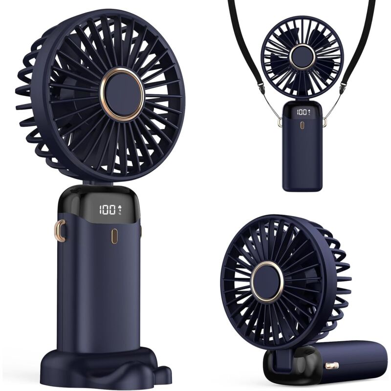 Tragbarer Ventilator Mit Led-bildschirm, 3-in-1 Für Hand, Hals Und Schreibtisch, Faltbar Und Um 90° Neigbar, Ideal Für Sommer, Büro, Schlafzimmer, Reisen, Geschenk Für Erwachsene Und Kinder (dunkelbla