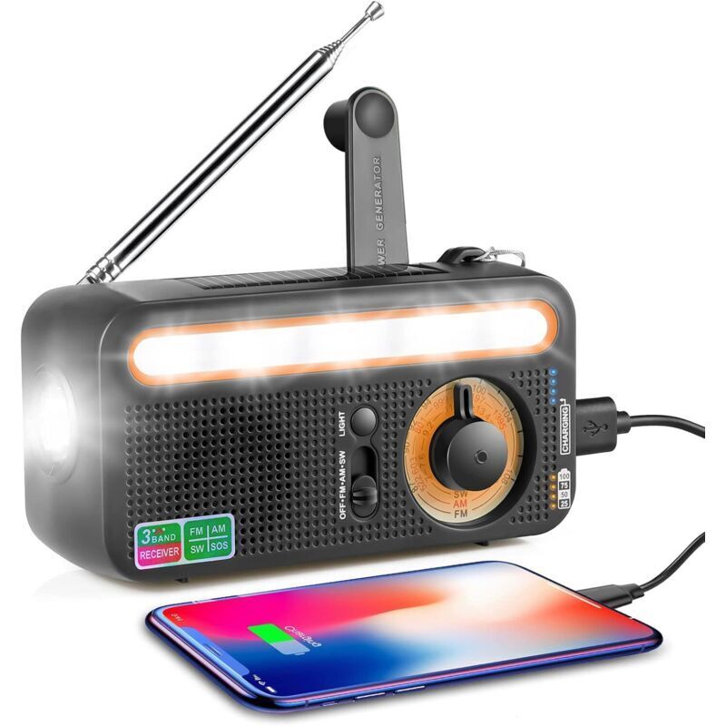 Tragbares Kurbel-solarradio, Wiederaufladbar Mit Am/fm/sw, Integriertem 2000mah-akku, Sos-alarm, Led-taschenlampe Und Leselampe Für Notfälle Im Freien, Schwarz