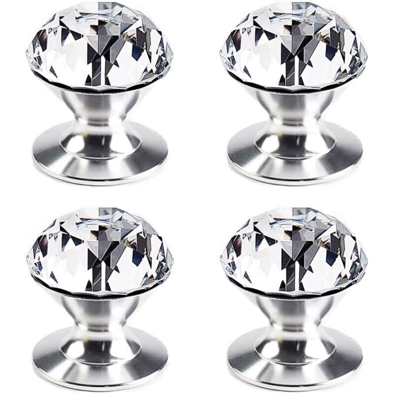 Set Aus 4 Selbstklebenden Kristallknöpfen Aus Aluminium Für Möbel, Selbstklebende Griffe Für Schrank, Schiebetür Und Schublade, Transparente Kristallknöpfe, Schubladengriffe
