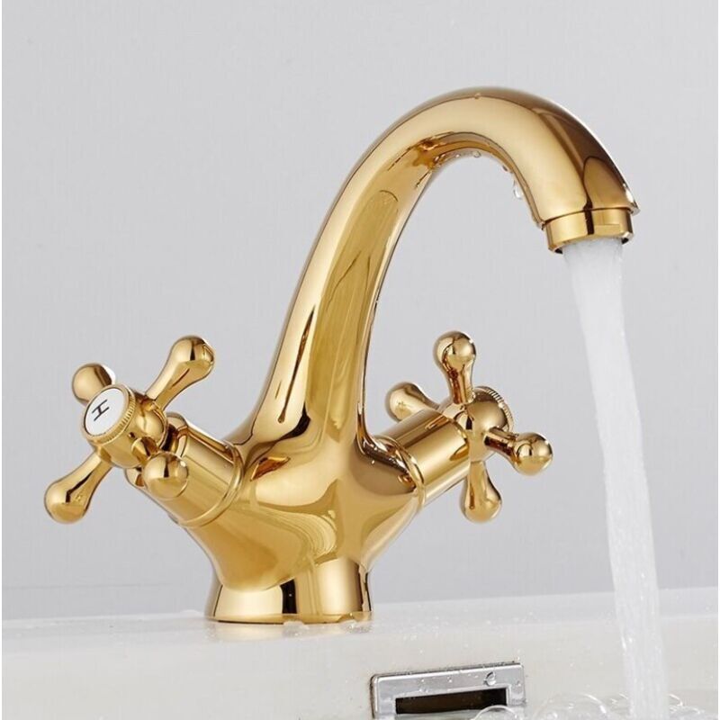 Vintage Waschtischarmatur Aus Messing, Badarmatur Mit Zwei Griffen, Gold