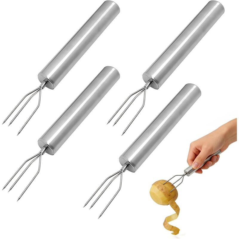 Satz Von 4 Kartoffelgabeln Aus Edelstahl Mit 3 Zinken, Praktische Gabeln Für Gemüse Und Maiskolben, Robustes Schälhelfer, Wiederverwendbar Für Camping-grillabende