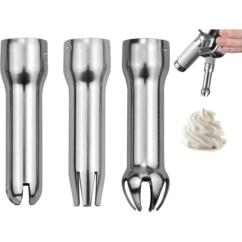 Die 3 Edelstahl-mundstücke Können Verwendet Werden, Um Sahne, Eiscreme, Kuchendekorationen, Desserts, Schlagsahne, Saucen Und Mousse Zuzubereiten.