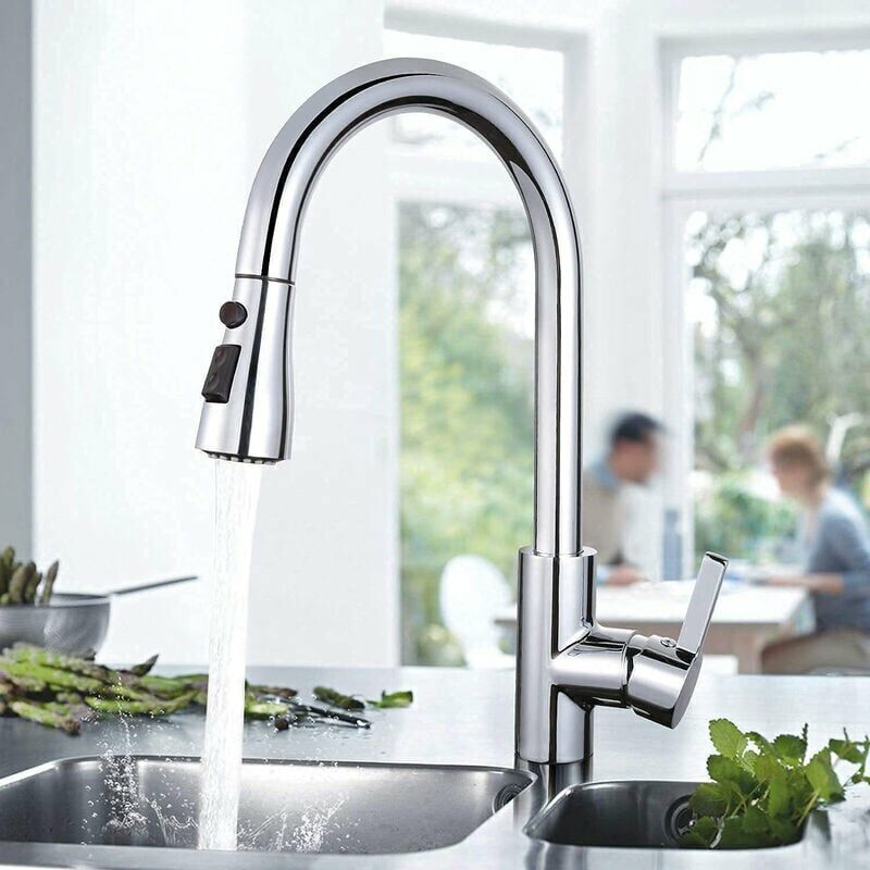 360° Drehbarer Küchenwasserhahn Mit Ausziehbarer Brause, Spültisch-wasserhahn Mit 2-strahl-regler