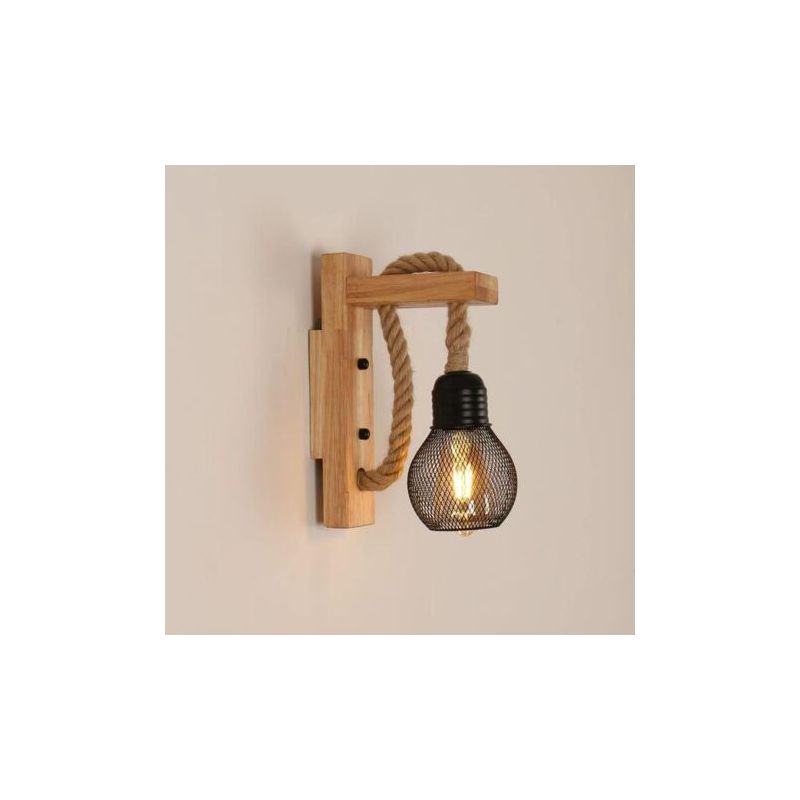 Retro-industriestil-wandleuchte, Rustikale Holzwandleuchte, Metallkäfig-lampenschirm, Innenwandleuchte (ohne Glühbirne)