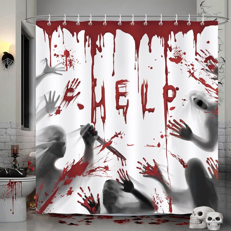 2-teiliger Halloween-duschvorhang, Blutige Handabdruck-motiv, Aus Schimmelresistentem Polyester, Wasserdicht Und Waschbar, 180 X 180 Cm, Mit 24 Haken Für Die Badewanne.
