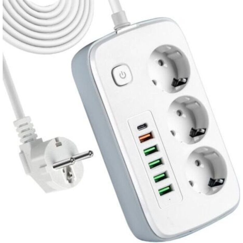 Multiprise Elektrisch, Steckdosenleiste, Überspannungsschutz-steckdosenleiste Mit Schalter, 3 Steckdosen + 6 Usb-anschlüsse, Verlängerungskabel 2m