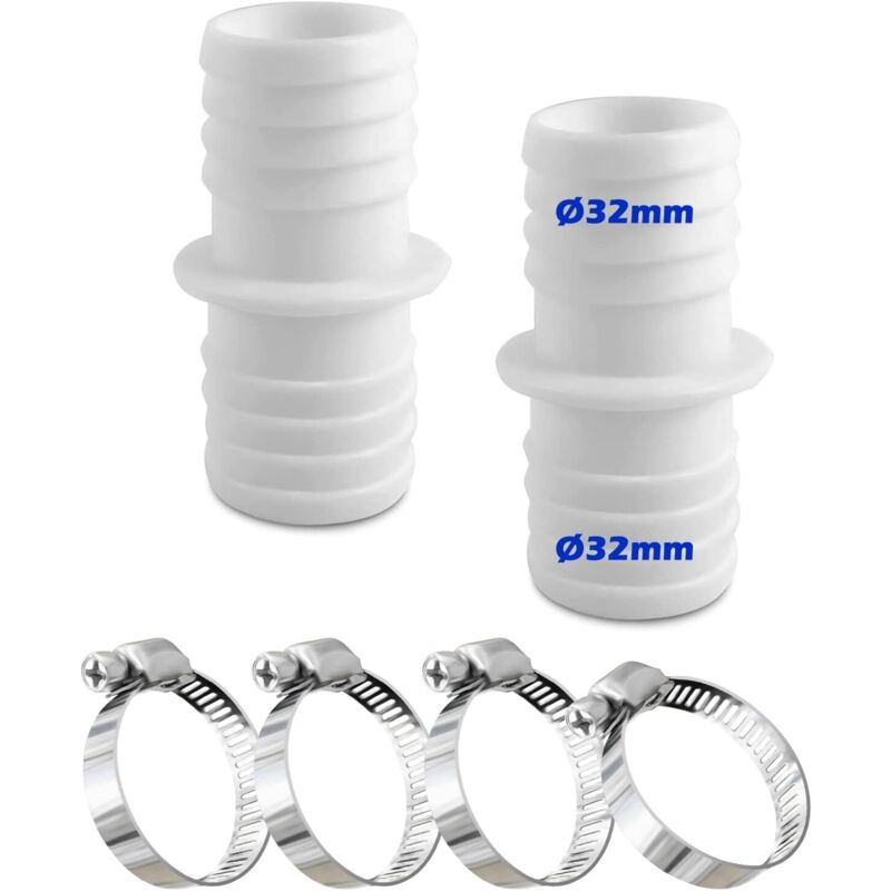 2er-set 32-mm-schlauchverbinder Mit 4 Edelstahl-klemmen, Weiß, Doppeladapter Für Pool