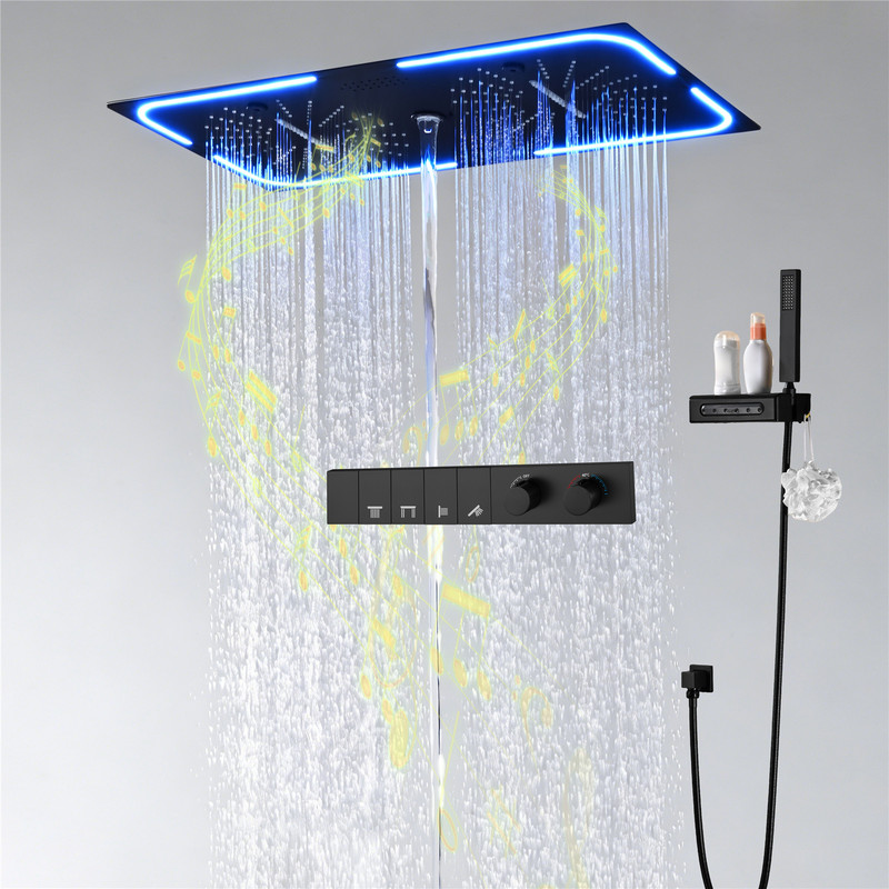 Musik Duschsystem Mit Thermostat Duschsystem Unterputz Set 64 Farben Rgb Led Bluetooth Mit 700 350 Mm Regenbrause, Handbrause, Seitenbrausen Und Badewannenarmaturen（schwarz）