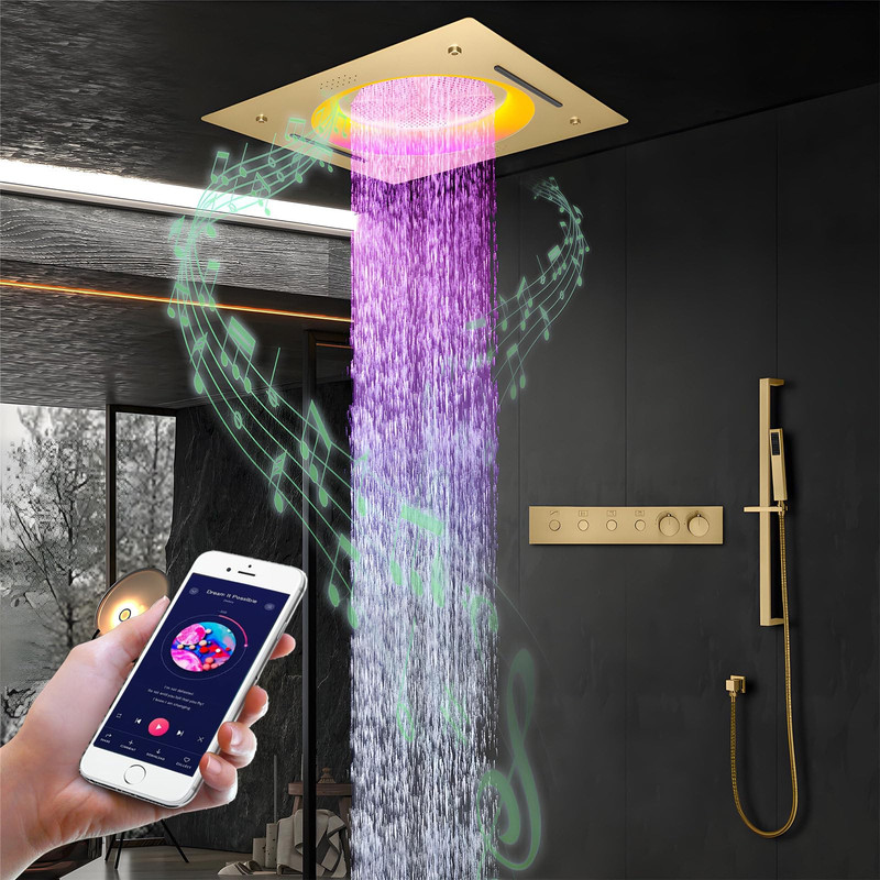 Musik Duschsystem Mit Thermostat Unterputz, 64 Farben Rgb Duscharmatur Set Unterputz Gold Mit 500 X 500mm Duschkopf Deckenmontage Und Handbrause, 4 Modi Regendusche Mit Armatur Aus Messing