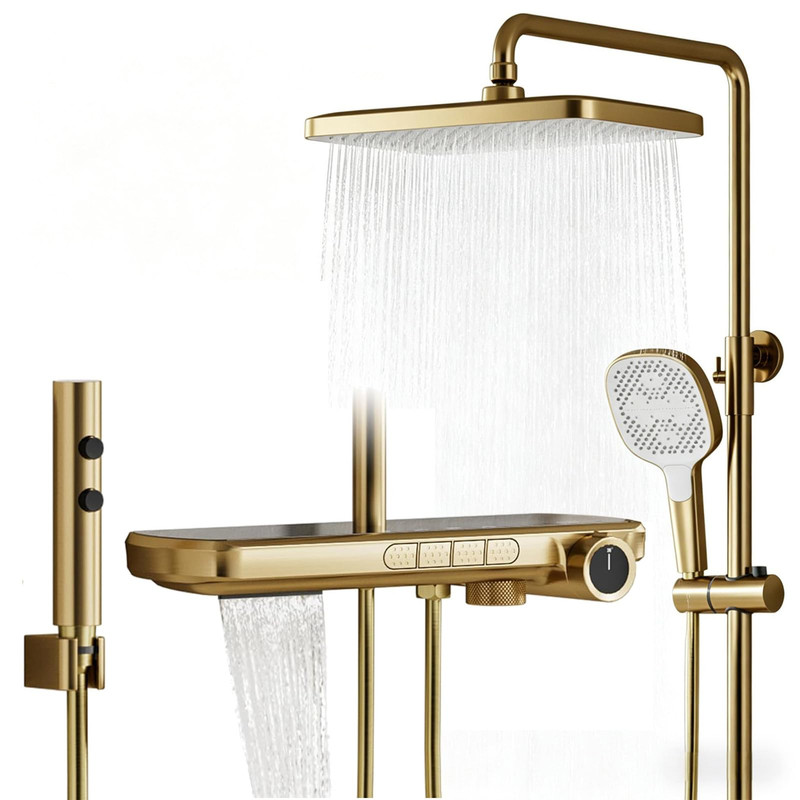 Duschsystem Gebürstetes Gold, 4-funktionen-duschset Mit Thermostat Ausgestattet Mit Einer 340 × 220 Mm Großen Kopfbrause, Einer Handbrause, Einer Sprühpistole Und Einem Unteren Wasserauslass