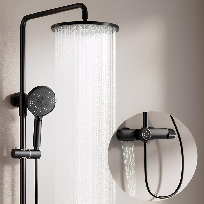 Duschsystem, Duscharmatur Schwarz Mit Thermostat, Regendusche Mit Armatur 3-in-1 Duschgarnitur Aus Messing, 360° Verstellbarer 260mm Duschkopf, Anti-kalk-düsen, 3 Modus Handbraus, Wanneneinlauf