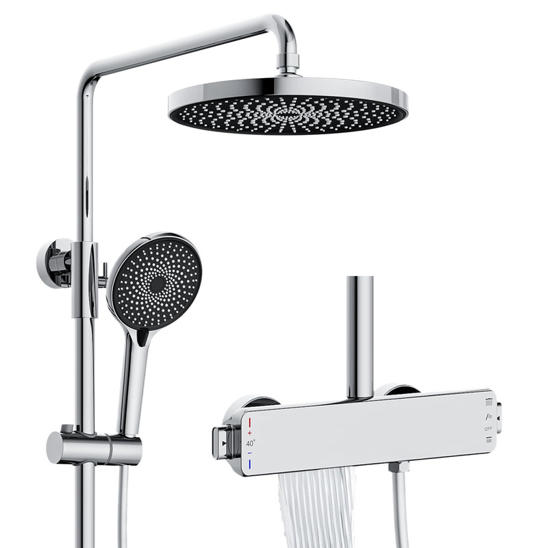 Duschsystem Chrom Mit Thermostat, Regendusche Mit Armatur, Messingkörper 3 In 1 Duscharmatur Komplettset Mit 260 Mm Duschkopf, Anti-kalk-düsen, 3 Modus Handbraus, Wanneneinlauf, Höhenverstellbar