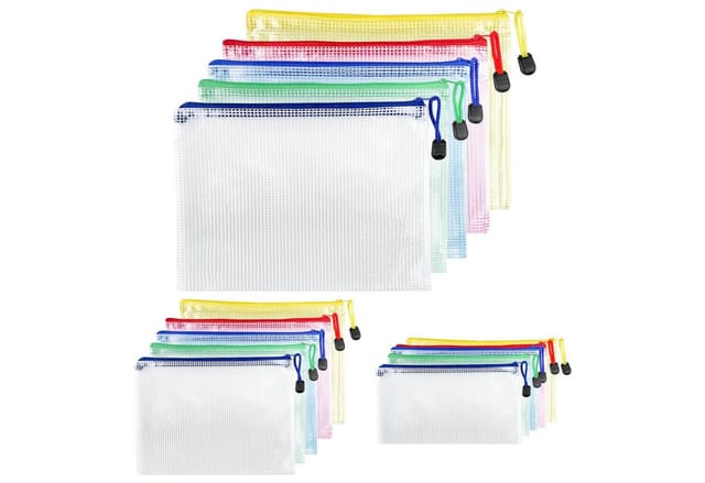SURFOU Dokumententasche Dokumentenablage A4+A5+A6 Dokumentenmappe Zip Tasche 15 Stück (15 Stück wasserdichte Dokumententaschen Durchsichtige Mesh-Dokumentenmappen aus PVC, 15-tlg., A4+A5+A6 Dokumententasche mit Reißverschluss, 5 Farben, 3 Größen), Feuchtigkeitsschutz für Quittungen, Pässe & Bürounterlagen