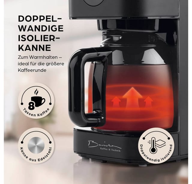 Barista Filterkaffeemaschine LED-Display 900W Edelstahl mit Isolierkanne, 1,25-l-Wassertank mit Timer-Funktion Aromastärke individuell wählbar