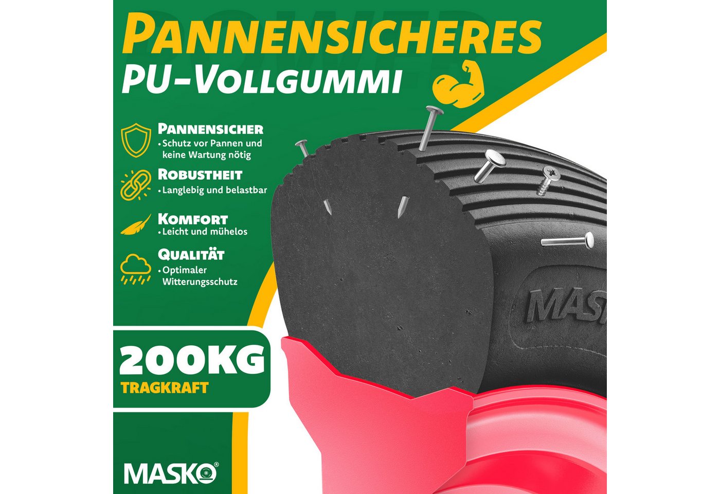 MASKO Schubkarren-Rad, PU Schubkarrenrad Vollgummi 200 kg pannensicher 4.80/4.00-8 Ø