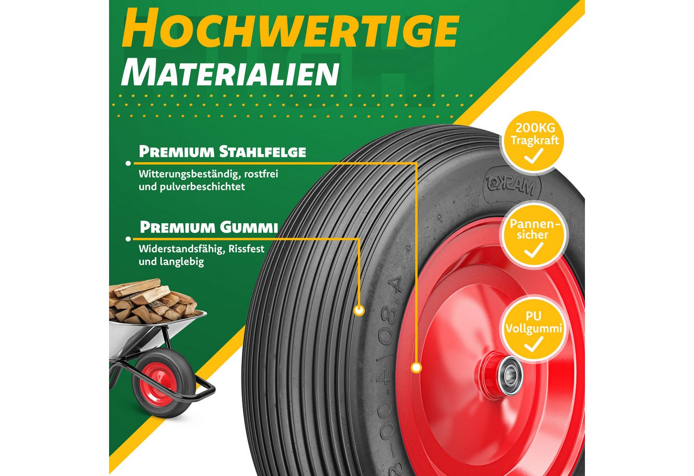 MASKO Schubkarren-Rad, PU Schubkarrenrad Vollgummi 200 kg pannensicher 4.80/4.00-8 Ø Bild 3