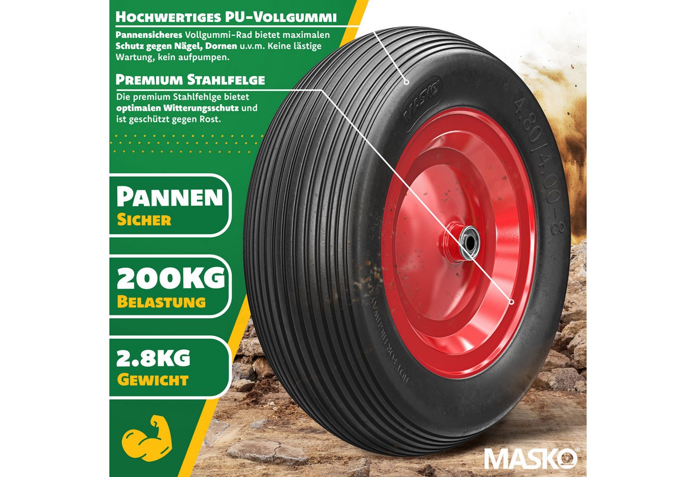 MASKO Schubkarren-Rad, PU Schubkarrenrad Vollgummi 200 kg pannensicher 4.80/4.00-8 Ø Bild 4