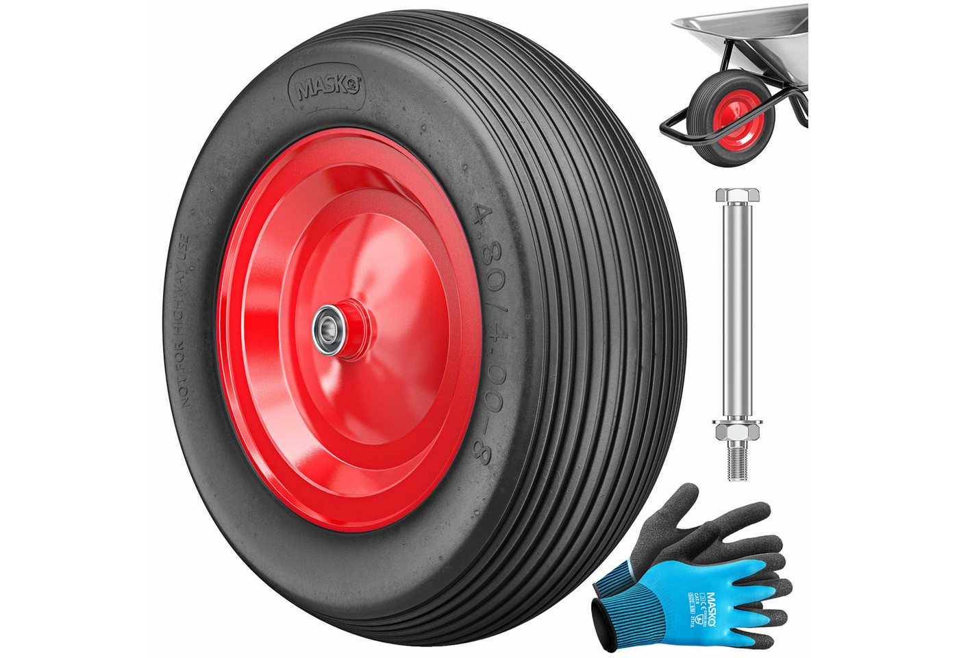MASKO Schubkarren-Rad, PU Schubkarrenrad Vollgummi 200 kg pannensicher 4.80/4.00-8 Ø Bild 5