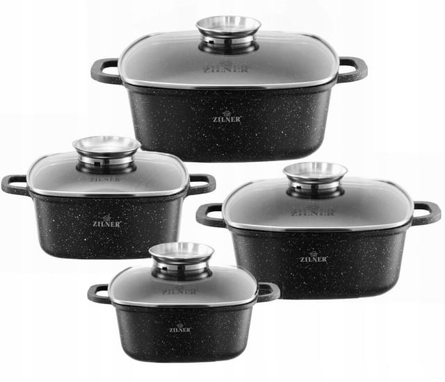 Zilner Topf-Set Schöne quadratische Töpfe in 4 verschiedenen Größen, Bräter, Aluminiumguss, Edelstahl, Keramik (2.5L / 3.5L / 4.5L / 6.5L, 8-tlg., Zeitloses Design des Topfsets. Eine ideale Geschenkidee! Hochwertig)