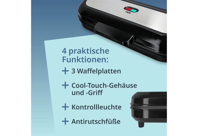 ADE Waffeleisen XXL mit 3 Platten für kleine belgische Waffeln, 1200,00 W, hochwertige Antihaftbeschichtung, Cool-Touch-Griff