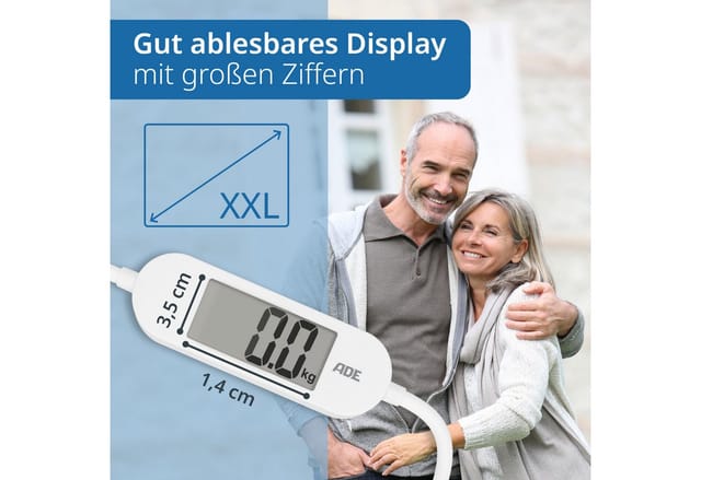 ADE Personenwaage digital, klappbar, ideal als Reisewaage, inkl. Transportbeutel, kompakte Größe, 180 kg Tragkraft, inkl. Batterie