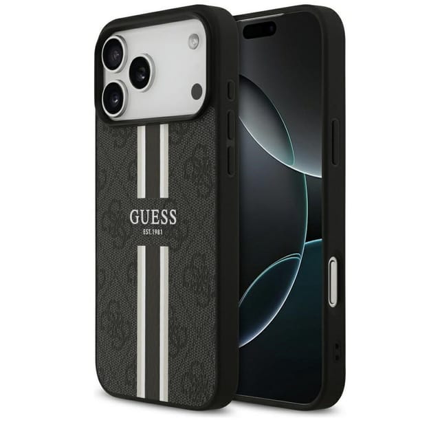 Guess Handyhülle Case iPhone 17 Pro Max MagSafe Kunstleder grau Logo Streifen 6,9 Zoll, Kantenschutz