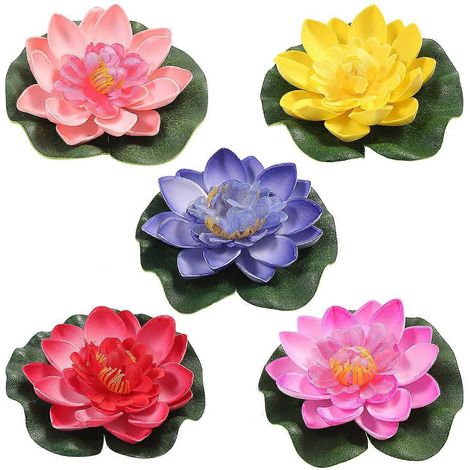 Vorcool Set Mit 5 Künstlichen, Schwimmenden Eva-seerosen, Lotusblumen, Teichdekoration, 10 Cm, Rot, Gelb, Blau, Rosa, Hellrosa – 10,00 X 10,00 X 3,00 Cm