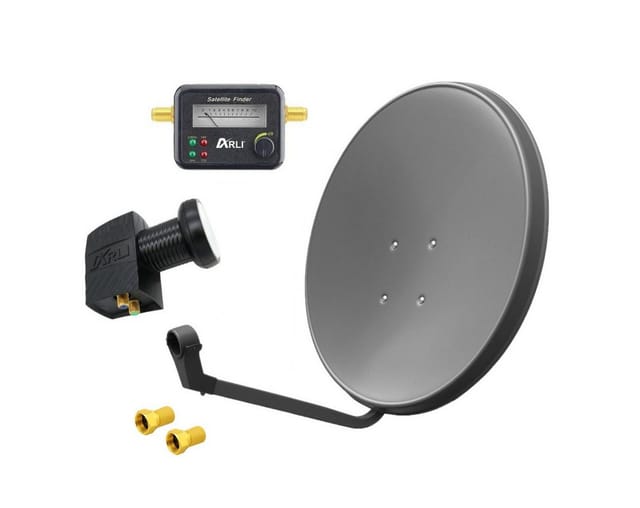 ARLI 60cm HD SAT Anlage grau + Twin LNB + Satfinder SAT-Antenne (60 cm, Stahl, Digital 2 Teilnehmer Antenne grau UHD 4K)