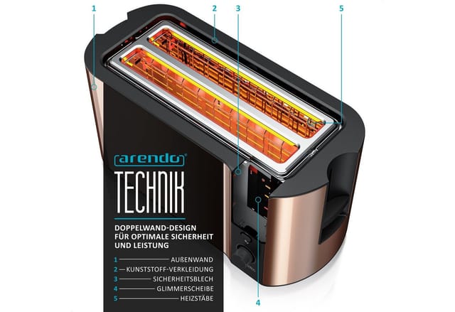 Arendo Toaster Langschlitz, Edelstahl, Display mit Restzeitanzeige, Krümelschublade, 2 lange Schlitze, für 4 Scheiben, 1500 W, Defrost Funktion, Wärmeisolierendes Gehäuse, mit Brötchenaufsatz