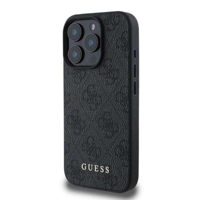 Guess Handyhülle iPhone 16 Pro Kunstleder grau Muster Logo goldfarbig 6,3 Zoll, Kantenschutz