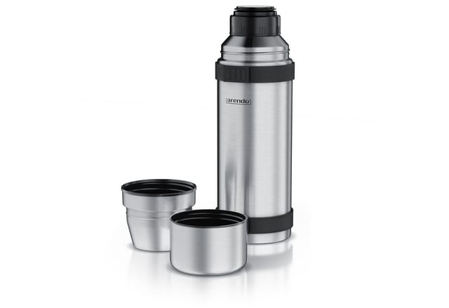 Arendo Thermoflasche 1 L Isolierflasche mit 2 Tassen, Edelstahl Trinkflasche für Unterwegs, inkl. 2 Becher, hält stundelang kalt & warm, BPA-frei, auslaufsicher