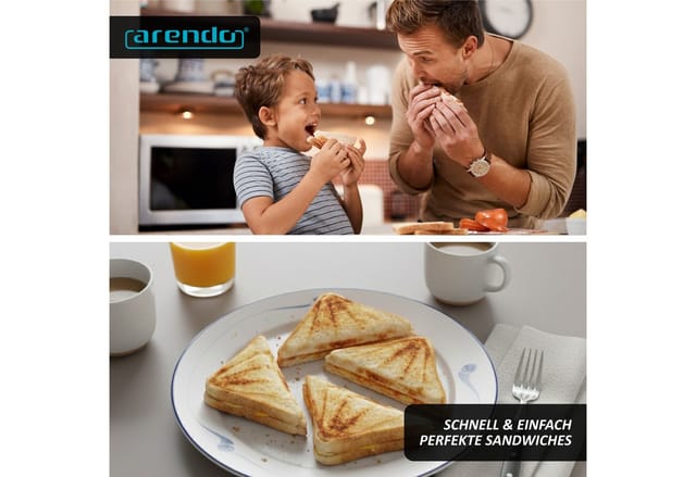 Arendo 3-in-1-Sandwichmaker Sandwichtoaster, 900 W, Antihaftbeschichtet, Schnellaufheizung, 900 W, automatische Temperaturregelung, 900 W, Edelstahl-Applikation