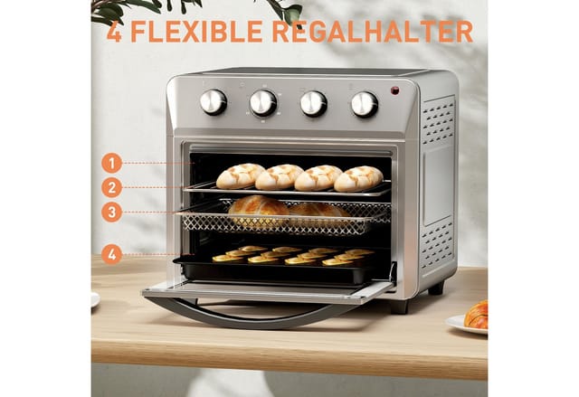 HOMCOM Minibackofen mit 60 Min. Timer, Backblech Grillrost, Innenbeleuchtung, zum Grillen, Backen, Toasten, Silber