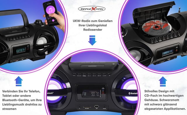 Reflexion CDR900BT Boombox (UKW-Radio, 200 W, Ghettoblaster, LED Discolicht, CD-Player, Equalizer, Bluetooth)