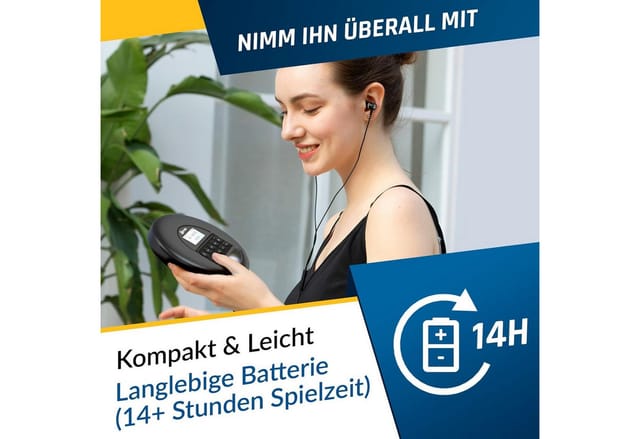 KLIM Nomad tragbarer CD-Player (Bluetooth, tragbarer Discman mit Kopfhörer, Ideal für Autos, MP3)