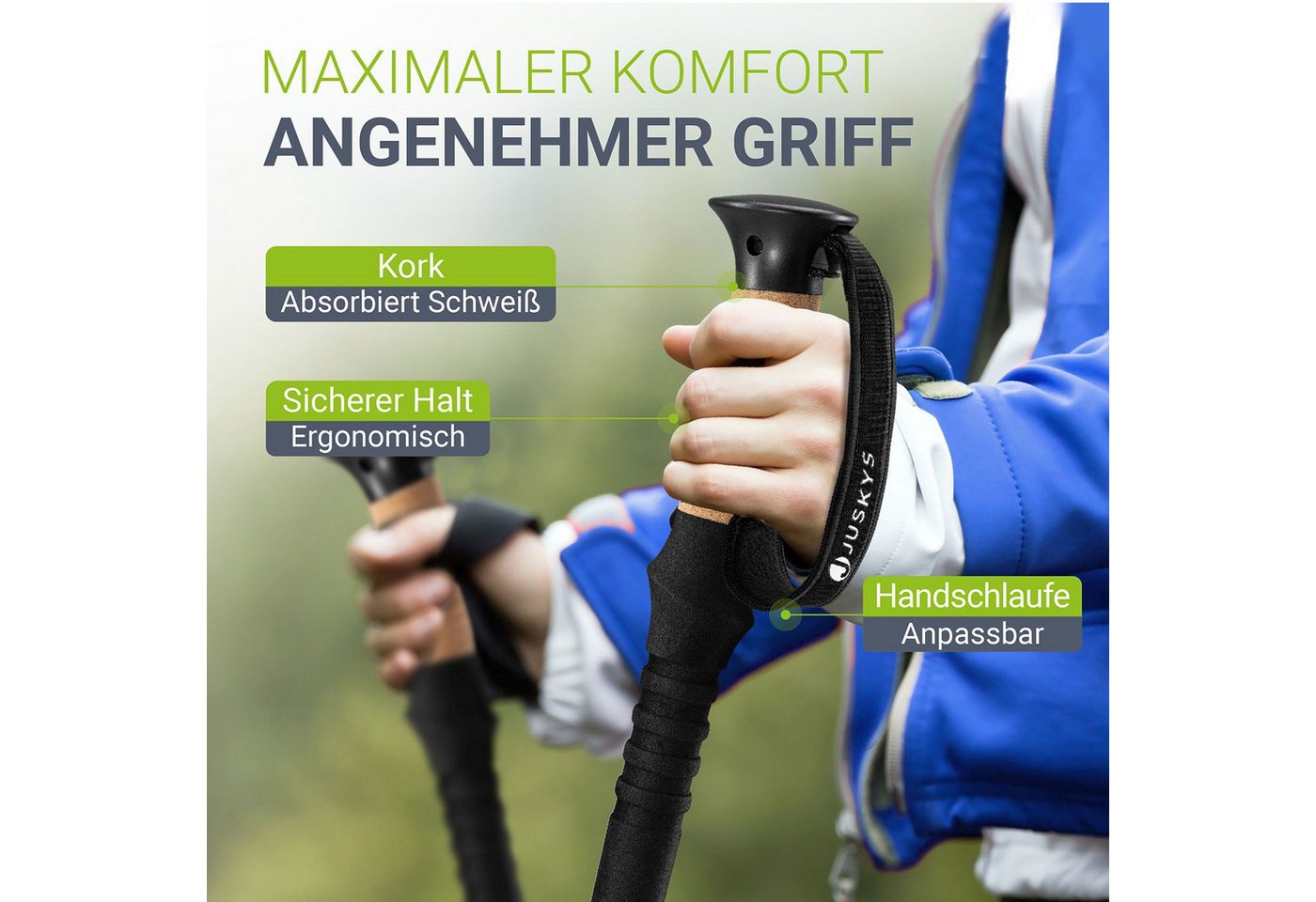 Juskys Wanderstöcke (2 St), Alu Teleskop, leicht & ausziehbar, für Damen & Herren, mit Zubehör Bild 2