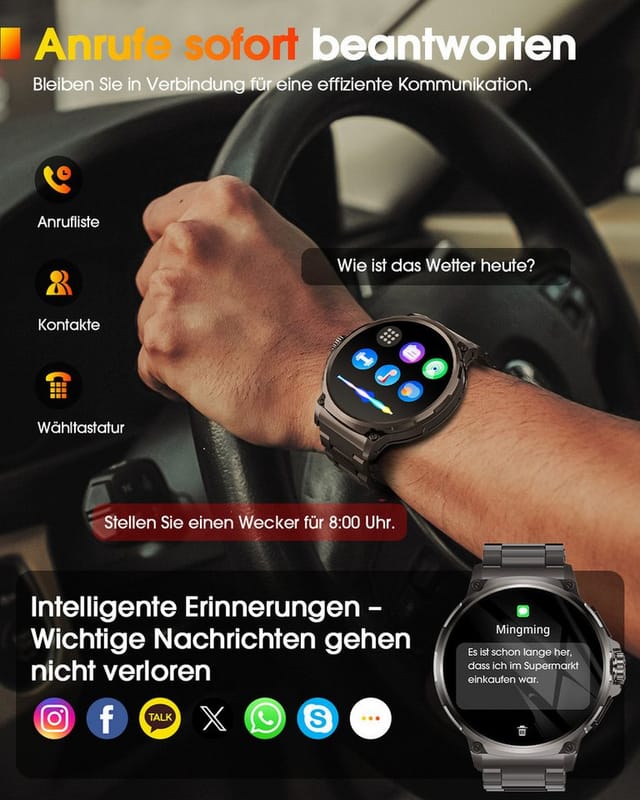 FOSMET 2026 1000-mAh-Akku,Smartwatch Herren Militärqualität,60 Tage Standby Smartwatch, Mit Herzfrequenz,SpO2 und Schlaf,Blutdruckmessung,1.92''AMOLED-Display