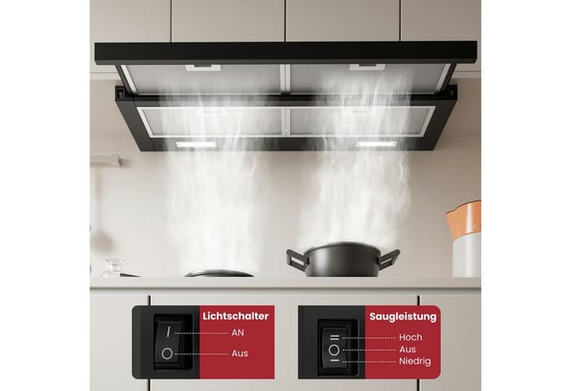 Levivo Flachschirmhaube A+++ 400 m³/h Dunstabzugshaube 90 cm Umluft & Abluft A+++ 400 m³/h Dunstabzugshaube 90 cm Umluft & Abluft, Aktivkohlefiltern, Fettfiltern, LED-Beleuchtung