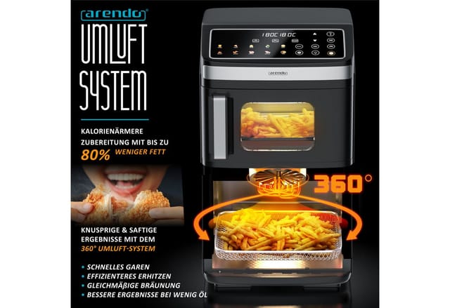 Arendo Heißluftfritteuse Doppelstock Dual Zone Airfryer & digitaler Mini-Backofen, 2800 W, mit Zubehör, Umluft Backofen, Sichtfenster, fettarmes gesundes Kochen