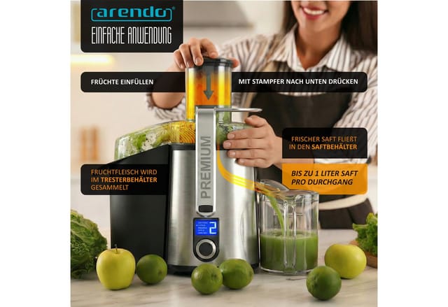 Arendo Zentrifugenentsafter Zentrifugaler Entsafter für Obst & Gemüse, Saftpresse, Zitruspresse, 1000 W, LCD-Display, 5 Stufen, 2L Tresterbehälter & Edelstahl-Design
