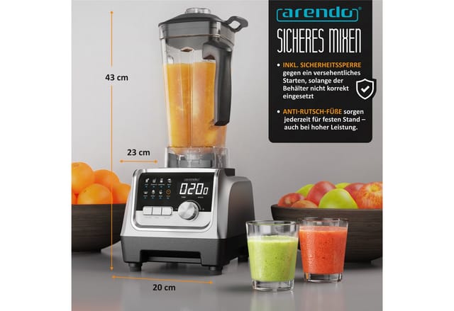 Arendo Standmixer Edelstahl Hochleistungsmixer 2000W, Display, 9 Geschwindigkeitsstufen, 2000 W, 2L Behälter, 7 Programme, Timer & Pulse-Funktion für Smoothies & Eis